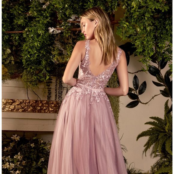 NEW LONG SLEEVELESS EMBROIDERED A-LINE TULLE DRESS WITH ZIPPER BACK AL A1045 - Picture 6 of 9
